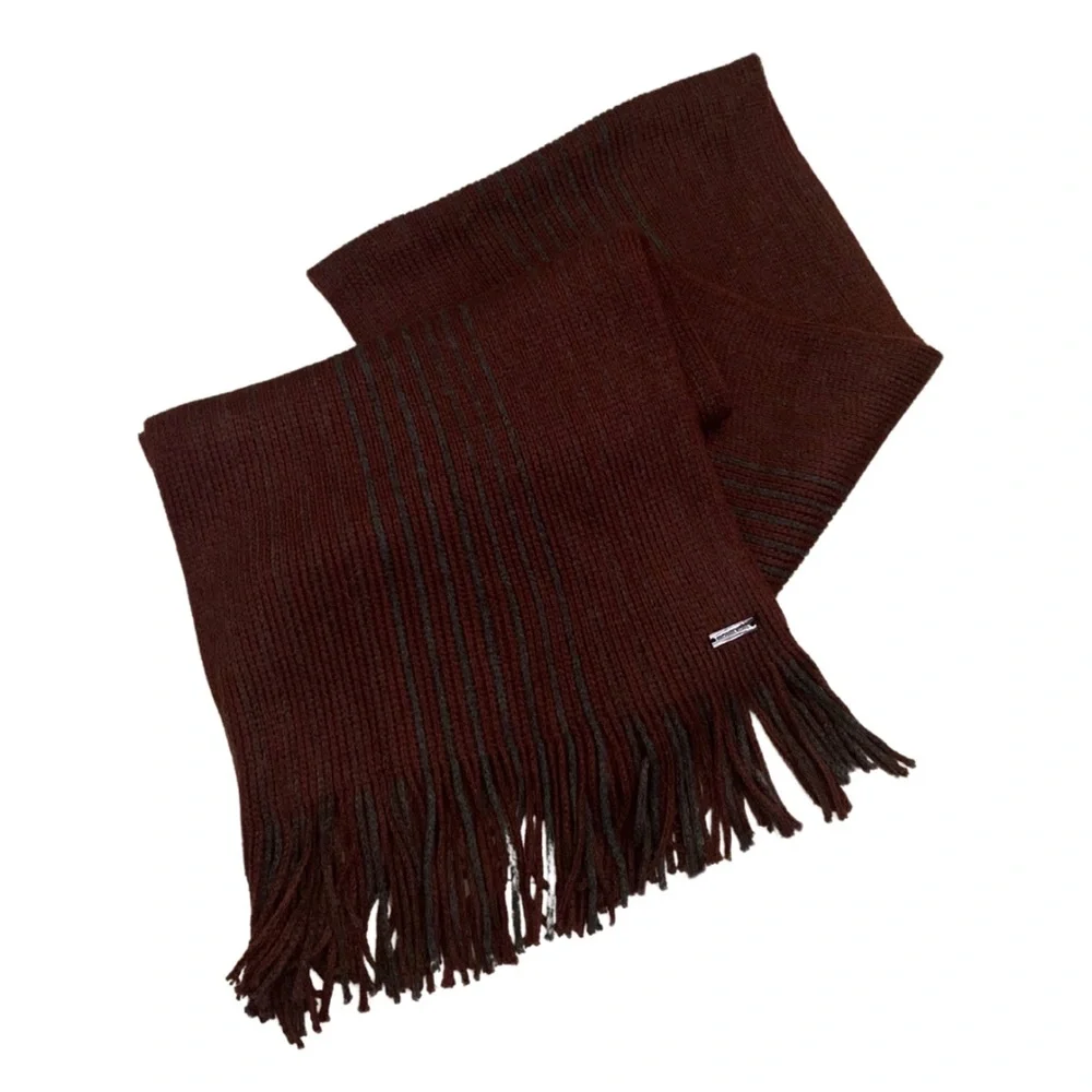 2/$30 Michael Kors Knit Fringed Stripes Scarf Gray Wine Classic Preppy Grandpa